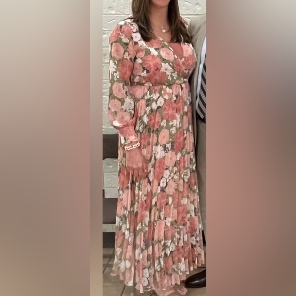 Floral Pink Green & White Pleated Maxi Dress Size Large